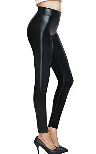 Pelisy Leggings Cuero Mujer Negro Elásticos Skinny Sexy Sintetico PU Imitacion Pantalones Cintura Media