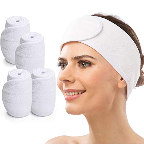 Pelo Banda para Maquillaje, CNNIK 4PCS Diadema de Spa Cosméticos Bañarse Yoga, Banda Elástica Ajustable con Velcro, Diadema Facial para Lavado Facial y Bañarse (Blanco)