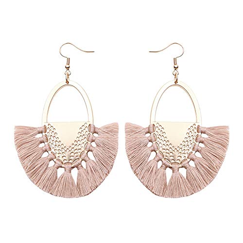 Pendientes Aretes Arete Línea De La Oreja Clip De Oreja Dangle Drop,Aleación Elíptica Hueca Bohemia En Forma De Abanico Borla, Rosa,Hipoalergenicos Día De La Madre