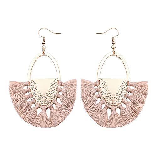 Pendientes Aretes Arete Línea De La Oreja Clip De Oreja Dangle Drop,Aleación Elíptica Hueca Bohemia En Forma De Abanico Borla, Rosa,Hipoalergenicos Día De La Madre