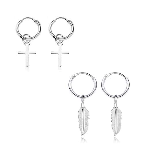 Pendientes Cruz Plata, Pendientes Aro con Cruz para Hombre y Mujer, Pendientes de Aro de Plata, Pendientes Cruz 14 mm, Pendientes con Pluma, Rayo, estrella perfectos para tu estilo de vida.