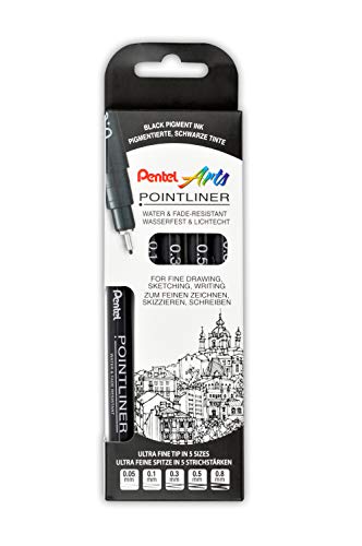 Pentel - Estuche de 5 unidades de rotulador Pointliner calibrado pigmentado. Punta de 0,05-0,1-0,3-0,5 y 0,8mm, Negro