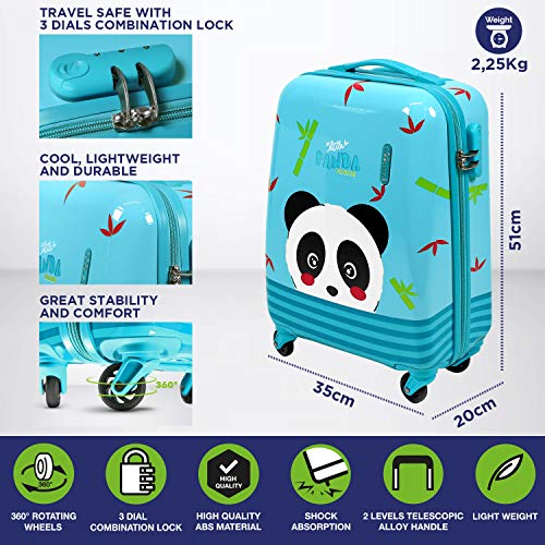 PERLETTI Maleta Trolley Niño Rigida Extra Resistente Panda Azul ABS - Equipaje de Mano Cabina Ligero con Cerradura TSA y 4 Ruedas Dobles Multidireccionales - Ryanair 49x34x21 cm (Panda, XS)