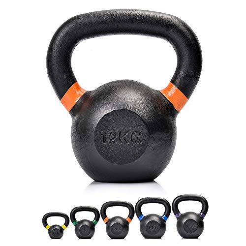 Pesas Rusas Kettlebell Hierro Fundido - Entrenamiento Fitness Pilates Gimnasio Culturismo - Ejercicio en Casa Entrenamiento de Fuerza - 4-20 kg (12 kg, Negro)