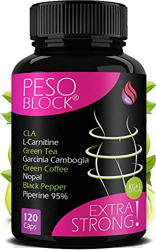 Peso Block 120 Cáps | Acción quemagrasas adelgazante potente | Mejor pastilla para perder peso y adelgazar rápido | Garcinia cambogia, L-Carnitina, CLA, Té verde + Opuntia Ficus, Café verde, Piperina