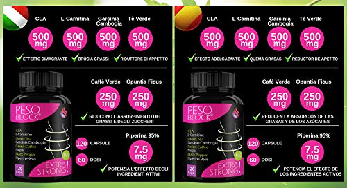 Peso Block 120 Cáps | Acción quemagrasas adelgazante potente | Mejor pastilla para perder peso y adelgazar rápido | Garcinia cambogia, L-Carnitina, CLA, Té verde + Opuntia Ficus, Café verde, Piperina