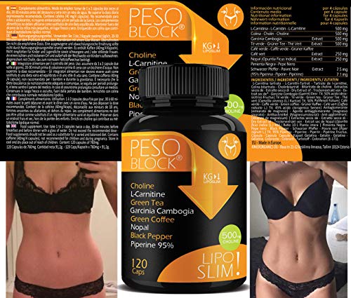 PESO BLOCK Adelgazante Potente • Adelgazar Rápido Abdomen y Reducir Grasa, Apetito • Con Piperina, Colina, Carnitina, Teanina, Garcinia Cambogia e Nopal •  120 Pillole 60 Días