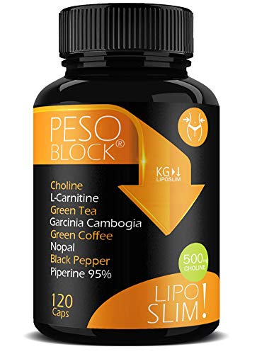 PESO BLOCK Adelgazante Potente • Adelgazar Rápido Abdomen y Reducir Grasa, Apetito • Con Piperina, Colina, Carnitina, Teanina, Garcinia Cambogia e Nopal •  120 Pillole 60 Días