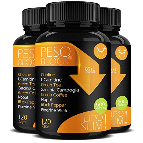 PESO BLOCK Adelgazante Potente • Adelgazar Rápido Abdomen y Reducir Grasa, Apetito • Con Piperina, Colina, Carnitina, Teanina, Garcinia Cambogia e Nopal •  120 Pillole 60 Días