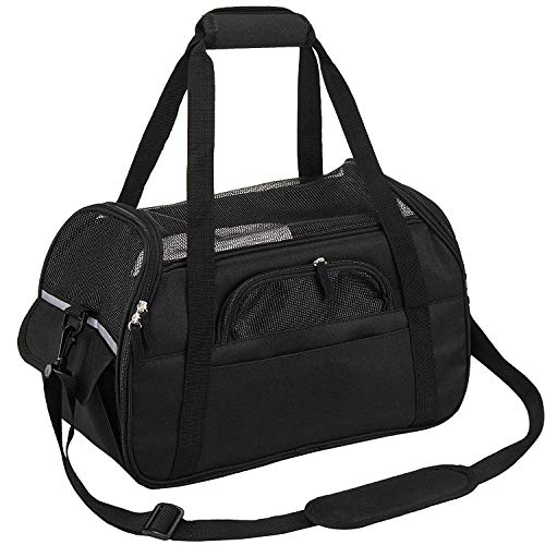 Petcomer Transportín para Perros Y Gatos Portador del Mascota Bolsa de Malla Transpirable de Viaje Bolso de Hombro(Negro, L 48x25x33cm)