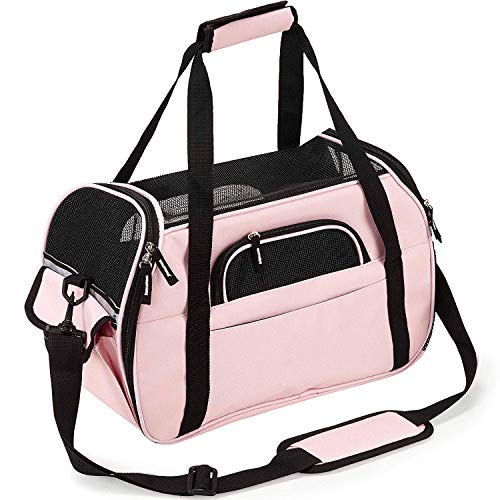 Petcomer Transportín para Perros Y Gatos Portador del Mascota Bolsa de Malla Transpirable de Viaje Bolso de Hombro(Rosa, L 48x25x33cm)