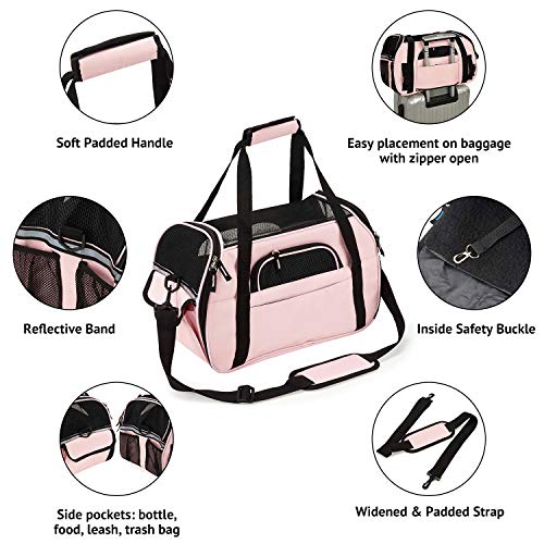 Petcomer Transportín para Perros Y Gatos Portador del Mascota Bolsa de Malla Transpirable de Viaje Bolso de Hombro(Rosa, L 48x25x33cm)