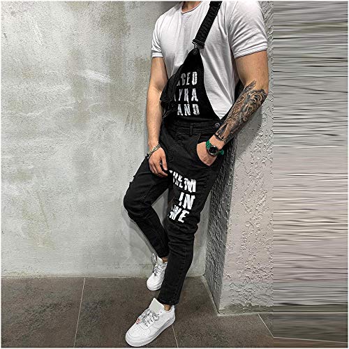 Peto Corte Ajuste Holgado pantalón Chandal Hombre Mono impresión de Letras Roto Vaquero Mezclilla Jumpsuit Casual Pantalones con Agujeros para Hombre con Peto Tirante (M(EU=74), Negro)