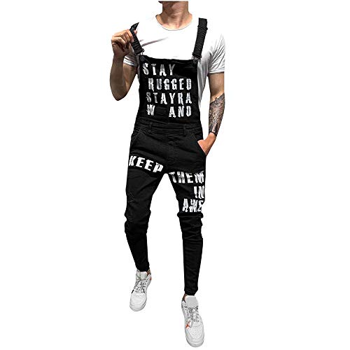 Peto Corte Ajuste Holgado pantalón Chandal Hombre Mono impresión de Letras Roto Vaquero Mezclilla Jumpsuit Casual Pantalones con Agujeros para Hombre con Peto Tirante (M(EU=74), Negro) Peto Corte Ajuste Holgado pantalón Chandal Hombre Mono impresión de Letras Roto Vaquero Mezclilla Jumpsuit Casual Pantalones con Agujeros para Hombre con Peto Tirante (M(EU=74), Negro)