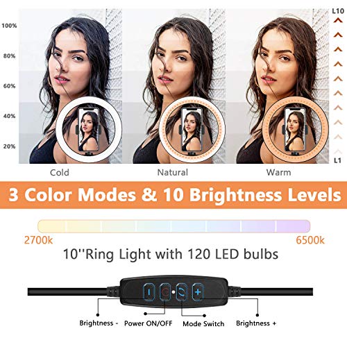 PEYOU Anillo de Luz LED, 10” Aro de Luz con Trípode, 3 Colores y 10 Brillos Regulables, Control Remoto, Soporte de Móvil, para Móvil y Cámara, Maquillaje, Selfie Vídeo, Youtube, TIK Tok