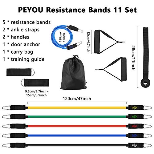 PEYOU Bandas Elásticas, 13pcs/100LBS Látex Bandas de Resistencia Set, Guía de E-Book, 5 Tubos de Ejercicios, Asas, Correas de Tobillo, Anclaje y Bolso, para Fitness, Culturismo, Yoga, Hombre y Mujer