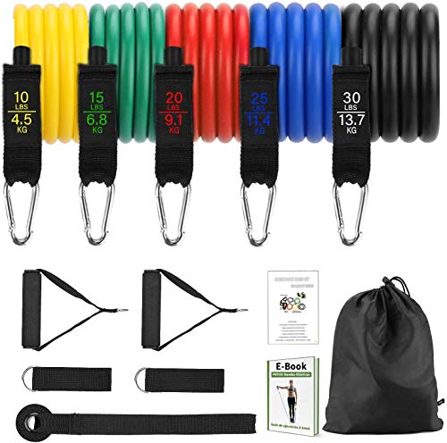 PEYOU Bandas Elásticas, 13pcs/100LBS Látex Bandas de Resistencia Set, Guía de E-Book, 5 Tubos de Ejercicios, Asas, Correas de Tobillo, Anclaje y Bolso, para Fitness, Culturismo, Yoga, Hombre y Mujer