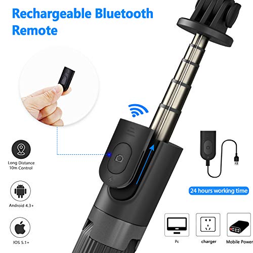 PEYOU Palo Selfie Trípode, Recargable Remoto Bluetooth, 32.3'' Selfie Stick Móvil Compatible para GoPro, Mini Cámara, Aluminio Aleación, Compatible para iPhone 12, 11, X, Samsung Galaxy S10e, S20