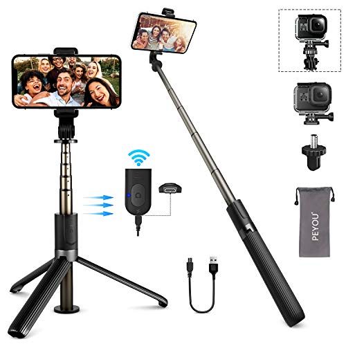 PEYOU Palo Selfie Trípode, Recargable Remoto Bluetooth, 32.3'' Selfie Stick Móvil Compatible para GoPro, Mini Cámara, Aluminio Aleación, Compatible para iPhone 12, 11, X, Samsung Galaxy S10e, S20