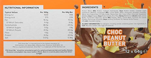 PhD Smart Bar Barritas Proteína Mantequilla de cacahuete con chocolate (12 x 64g), 31% Proteína