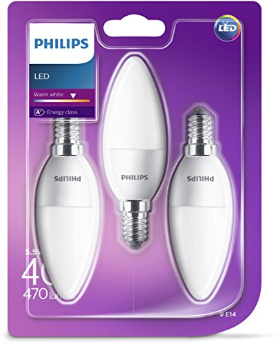 Philips Bombilla LED equivalente a 40 W, eficiencia energética A+, E14, blanco cálido (2700 Kelvin), 470 lúmenes, vela, 3 unidades Philips Bombilla LED equivalente a 40 W, eficiencia energética A+, E14, blanco cálido (2700 Kelvin), 470 lúmenes, vela, 3 unidades