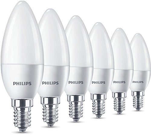 Philips Bombillas LED Vela E14, 5.5 W equivalentes a 40 W en incandescencia, 470 lúmenes, luz blanca cálida, Pack de 6 Philips Bombillas LED Vela E14, 5.5 W equivalentes a 40 W en incandescencia, 470 lúmenes, luz blanca cálida, Pack de 6