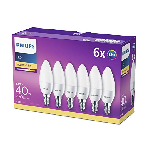 Philips Bombillas LED Vela E14, 5.5 W equivalentes a 40 W en incandescencia, 470 lúmenes, luz blanca cálida, Pack de 6 Philips Bombillas LED Vela E14, 5.5 W equivalentes a 40 W en incandescencia, 470 lúmenes, luz blanca cálida, Pack de 6