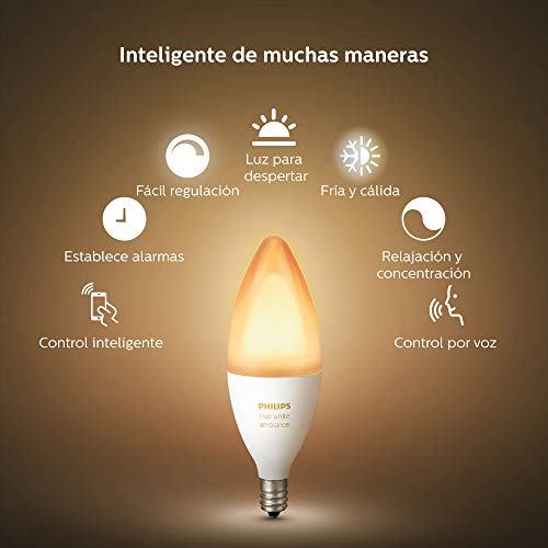 Philips Hue Bombilla Inteligente LED E14, 6 W, Luz Blanca de Cálida a Fría, Compatible con Alexa y Google Home Philips Hue Bombilla Inteligente LED E14, 6 W, Luz Blanca de Cálida a Fría, Compatible con Alexa y Google Home