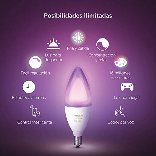 Philips Hue Hue Pack 2 Bombillas Inteligentes LED E14, Luz Blanca, Compatible con Alexa y Google Home, 6.5 W, White and Color Ambiance