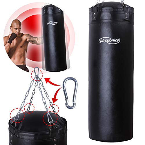 Physionics Saco de Boxeo para Adultos - Relleno, Ø35, H100cm, Peso 27kg, con Cadenas+Mosquetón+Fijación 360° - para MMA, Muay Thai, Kickboxing, Artes Marciales, Equipo de Boxeo, Punching Bag, Fitness