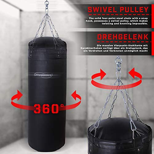 Physionics Saco de Boxeo para Adultos - Relleno, Ø35, H120cm, Peso 30kg, con Cadenas+Mosquetones+Articulación Giratoria - para MMA Muay Thai Kick Boxing Artes Marciales, Equipo de Boxeo, Punching Bag