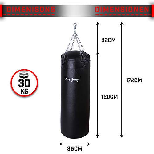 Physionics Saco de Boxeo para Adultos - Relleno, Ø35, H120cm, Peso 30kg, con Cadenas+Mosquetones+Articulación Giratoria - para MMA Muay Thai Kick Boxing Artes Marciales, Equipo de Boxeo, Punching Bag