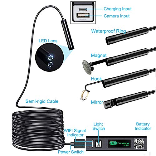 PiAEK Wireless Endoscopio WiFi USB Endoscopio Android e iPhone iOS 1200P HD Impermeable Cámara Inspección Semi Rígido Cable Boroscopio Compatible con Smart Phone/Tablet/Laptop/PC/Windows(32,8FT)