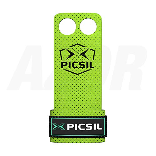 PICSIL Calleras Azor para Cross Training 2 Agujeros Agarre y Protector de Mano o Guantes para Gimnasia Unisex para Hombres y Mujeres en Deportes de Fitness Calistenia Halterofilia (Talla L, Verde)