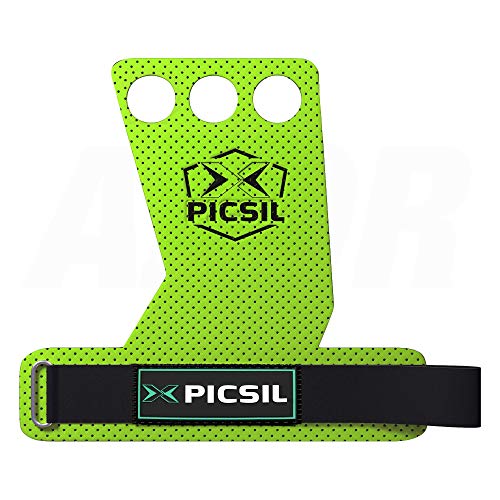 PicSil Calleras Azor para Cross Training 3 Agujeros Agarre y Protector de Mano o Guantes para Gimnasia Unisex para Hombres y Mujeres en Deportes de Fitness Calistenia Halterofilia (Talla XL, Verde)