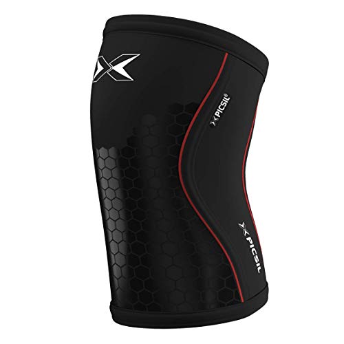 PICSIL Rodilleras (1 PAR) - 5&7mm Knee Sleeves - Rodilleras para Halterofilia, Deporte Funcional, Levantamiento de Pesas, Running.Hombre y Mujer (5mm - Extra Large, Black&Hexagon)