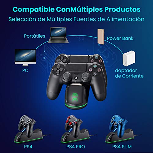 PICTEK Cargador Mando PS4, Soporte Mando ps4 USB con LED Indicador, Estación de Carga ps4, Compatible con Playstation4, PS4, PS4 Pro, PS4 Slim (Cable80CM)