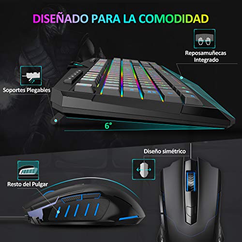 PICTEK Teclado y Raton Gaming RGB, Teclado Gaming RGB USB con Luz con Teclas Multimedia, Alfombrilla, Negro