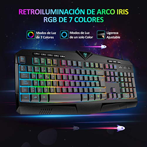 PICTEK Teclado y Raton Gaming RGB, Teclado Gaming RGB USB con Luz con Teclas Multimedia, Alfombrilla, Negro