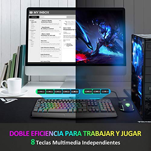 PICTEK Teclado y Raton Gaming RGB, Teclado Gaming RGB USB con Luz con Teclas Multimedia, Alfombrilla, Negro