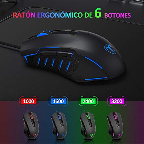 PICTEK Teclado y Raton Gaming RGB, Teclado Gaming RGB USB con Luz con Teclas Multimedia, Alfombrilla, Negro