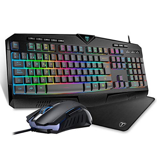 PICTEK Teclado y Raton Gaming RGB, Teclado Gaming RGB USB con Luz con Teclas Multimedia, Alfombrilla, Negro