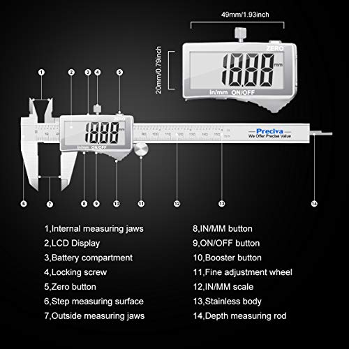 Pie de Rey Digital,Preciva Calibrador digital electrónico de acero inoxidable de 150mm/6pulgadas,Gran Pantalla LCD,Micrómetro de alta precisión,Medida de Diámetro Interior,Exterior,Profundidad