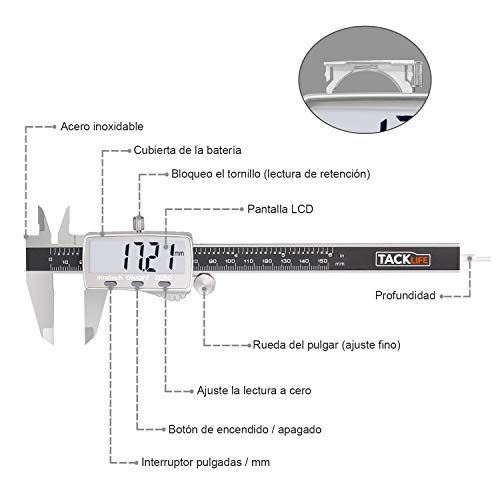 Pie de Rey, Tacklife DC02 Calibre Digital 150mm/6Pulgadas de Acero Inoxidable con Gran Pantalla LCD, Profesional Medición de Diámetro Interior, Exterior, Profundidad y Escalera Calibrador Micrómetro