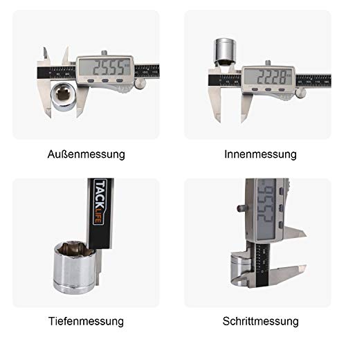 Pie de Rey, Tacklife DC02 Calibre Digital 150mm/6Pulgadas de Acero Inoxidable con Gran Pantalla LCD, Profesional Medición de Diámetro Interior, Exterior, Profundidad y Escalera Calibrador Micrómetro Pie de Rey, Tacklife DC02 Calibre Digital 150mm/6Pulgadas de Acero Inoxidable con Gran Pantalla LCD, Profesional Medición de Diámetro Interior, Exterior, Profundidad y Escalera Calibrador Micrómetro