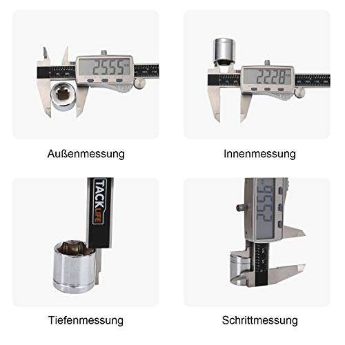 Pie de Rey, Tacklife DC02 Calibre Digital 150mm/6Pulgadas de Acero Inoxidable con Gran Pantalla LCD, Profesional Medición de Diámetro Interior, Exterior, Profundidad y Escalera Calibrador Micrómetro