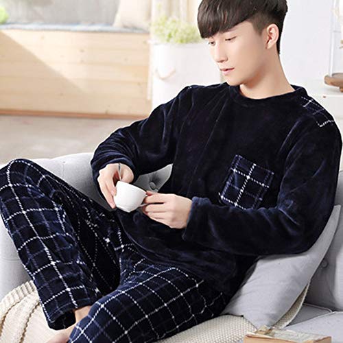 Pijama Hombre Mangas Largas Set,Moda Thicken Franela Hombres Pijamas De Dos Piezas De Moda Impresión Ropa Casera Suelta Suave Ropa De Hogar Pijamas Caliente Invierno 2 Piezas / Conjunto, Azul, 3Xl