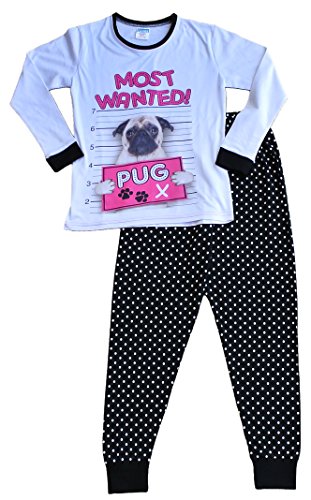 Pijama largo para niña de 9 a 16 años con diseño de perro carlino y texto «Most Wanted Pug»