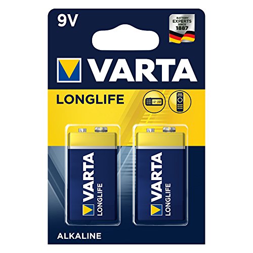 Pila de 9 V Varta Longlife 6LR61 (paquete de 2 unidades), pilas alcalinas E-Block - Ideal para los detectores de incendios, detectores de humo, afinadores