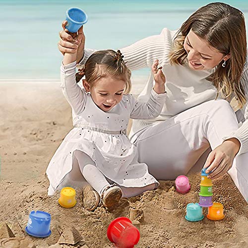 Pilego Juguetes de baño para niños – Vasos apilables flotantes juguete 10 tazas plegables arco iris educativo de playa juguete de agua para bebés y niños